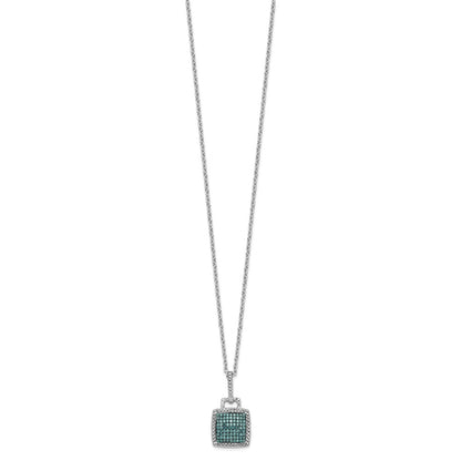 Sterling Silver White Night Rhodium-Plated Blue Diamond Square Pendant 18 Inch Necklace With 2 Extender