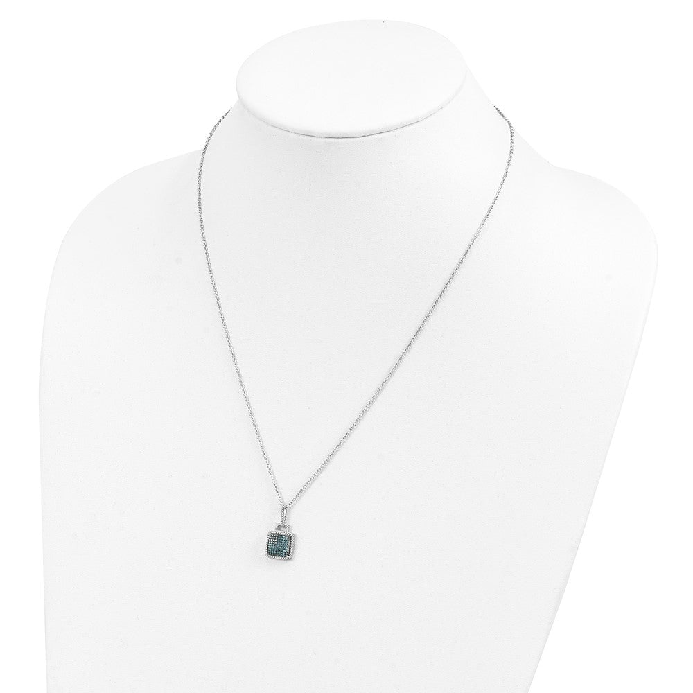 Sterling Silver White Night Rhodium-Plated Blue Diamond Square Pendant 18 Inch Necklace With 2 Extender