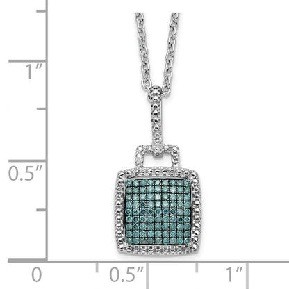 Sterling Silver White Night Rhodium-Plated Blue Diamond Square Pendant 18 Inch Necklace With 2 Extender