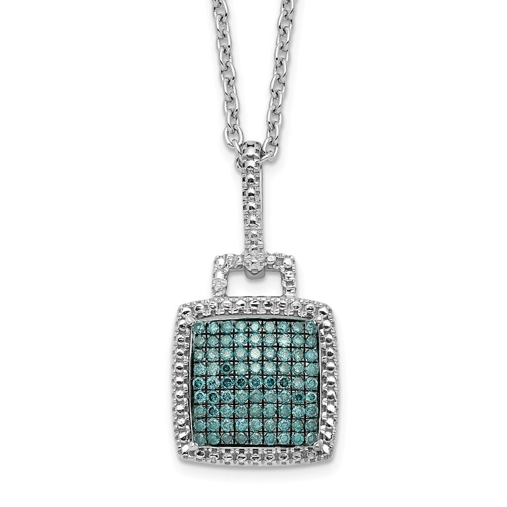 Sterling Silver White Night Rhodium-Plated Blue Diamond Square Pendant 18 Inch Necklace With 2 Extender