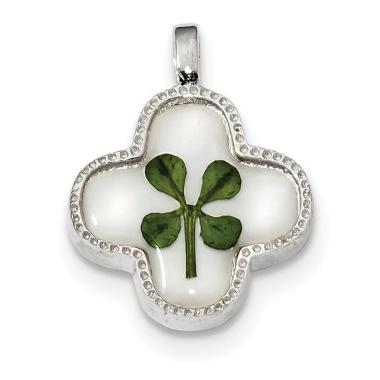 Sterling Silver Platinum Plated Real Clover Epoxy & Shell Pendant