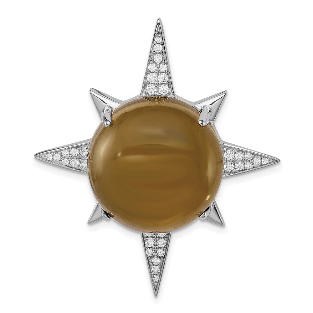 Sterling Silver Rhodium-Plated Brown Glass & Cz Sunburst Chain Slide