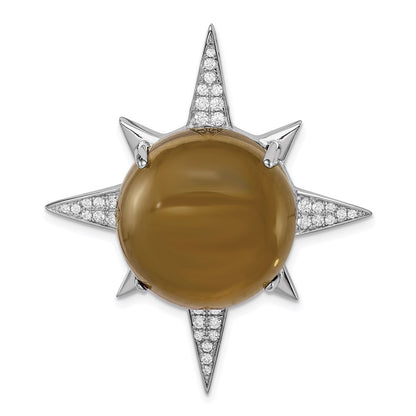 Sterling Silver Rhodium-Plated Brown Glass & Cz Sunburst Chain Slide