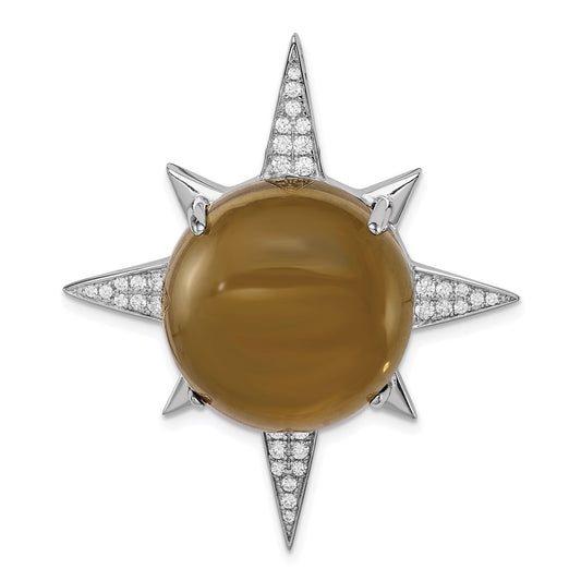 Sterling Silver Rhodium-Plated Brown Glass & Cz Sunburst Chain Slide