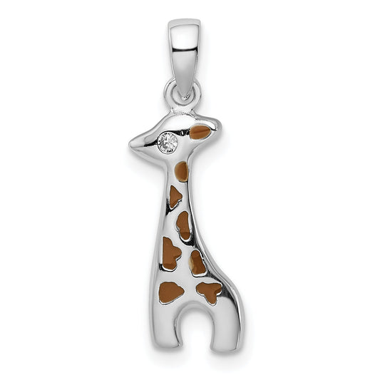 Sterling Silver Rhodium-Plated Enameled Cz Giraffe Pendant