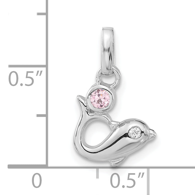 Sterling Silver Polished Pink & Clear Cz Dolphin Pendant
