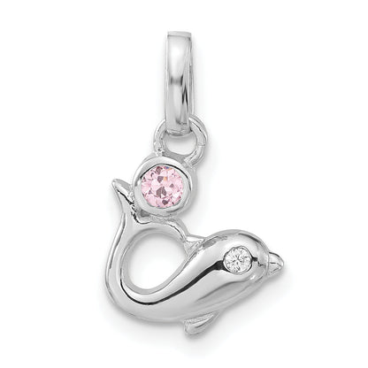 Sterling Silver Polished Pink & Clear Cz Dolphin Pendant