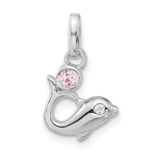 Sterling Silver Polished Pink & Clear Cz Dolphin Pendant
