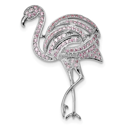 Sterling Silver Rhodium-Plated Pink Cz Flamingo Pin Brooch