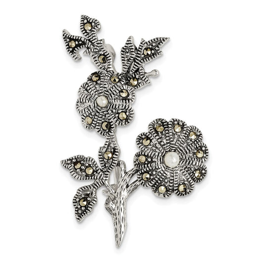 Sterling Silver Antiqued Marcasite And Acrylic Pearl Flowers Pin
