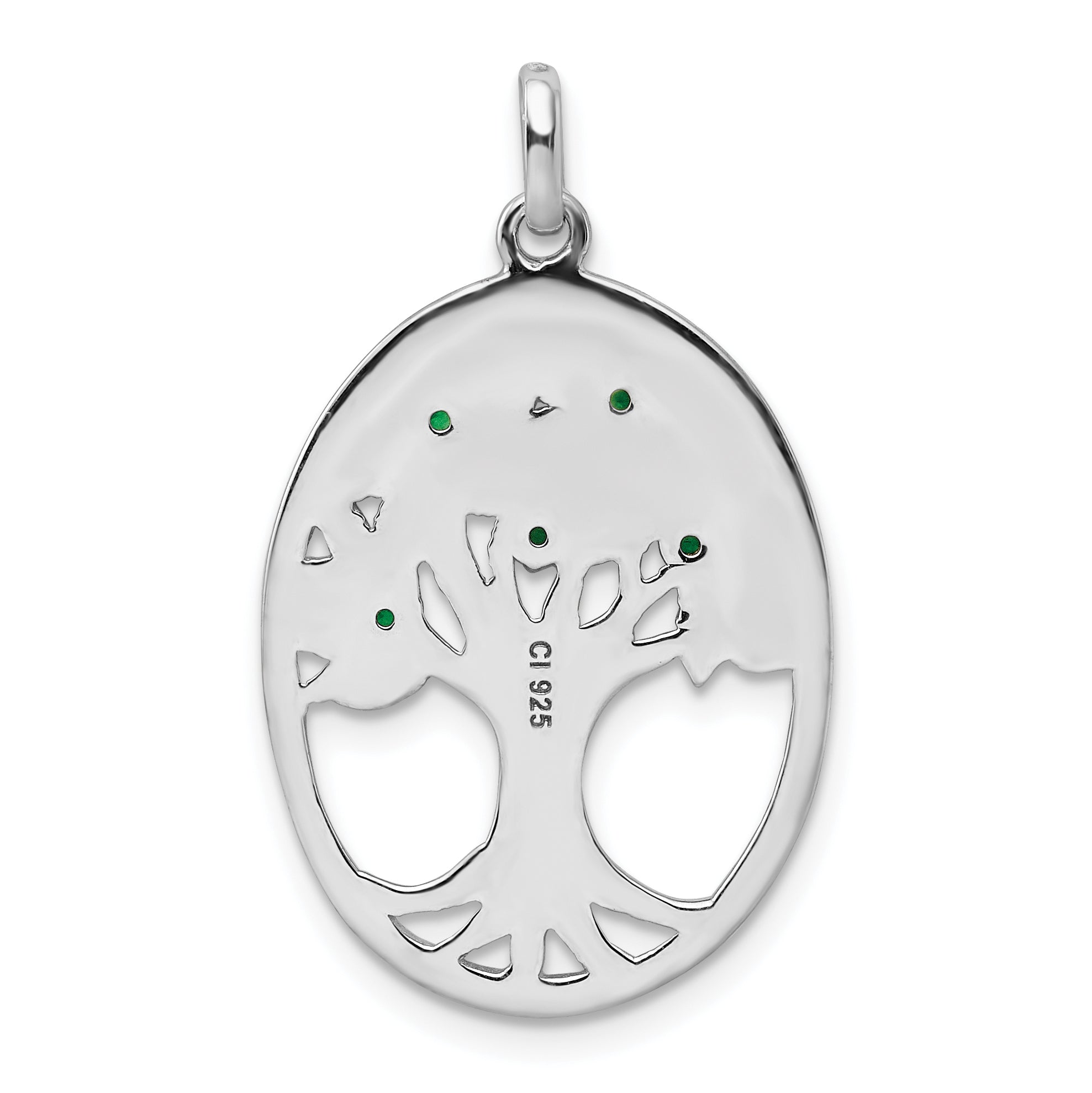 Sterling Silver Rhodium-Plated Green Glass Buds Oval Tree Pendant