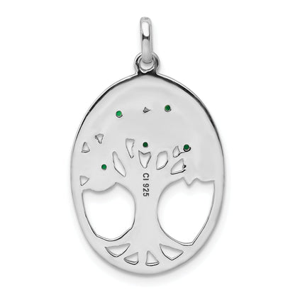 Sterling Silver Rhodium-Plated Green Glass Buds Oval Tree Pendant