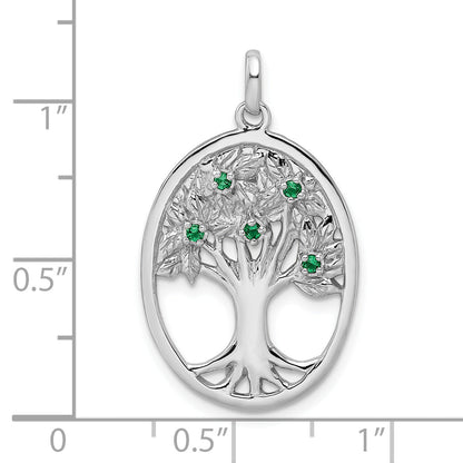 Sterling Silver Rhodium-Plated Green Glass Buds Oval Tree Pendant