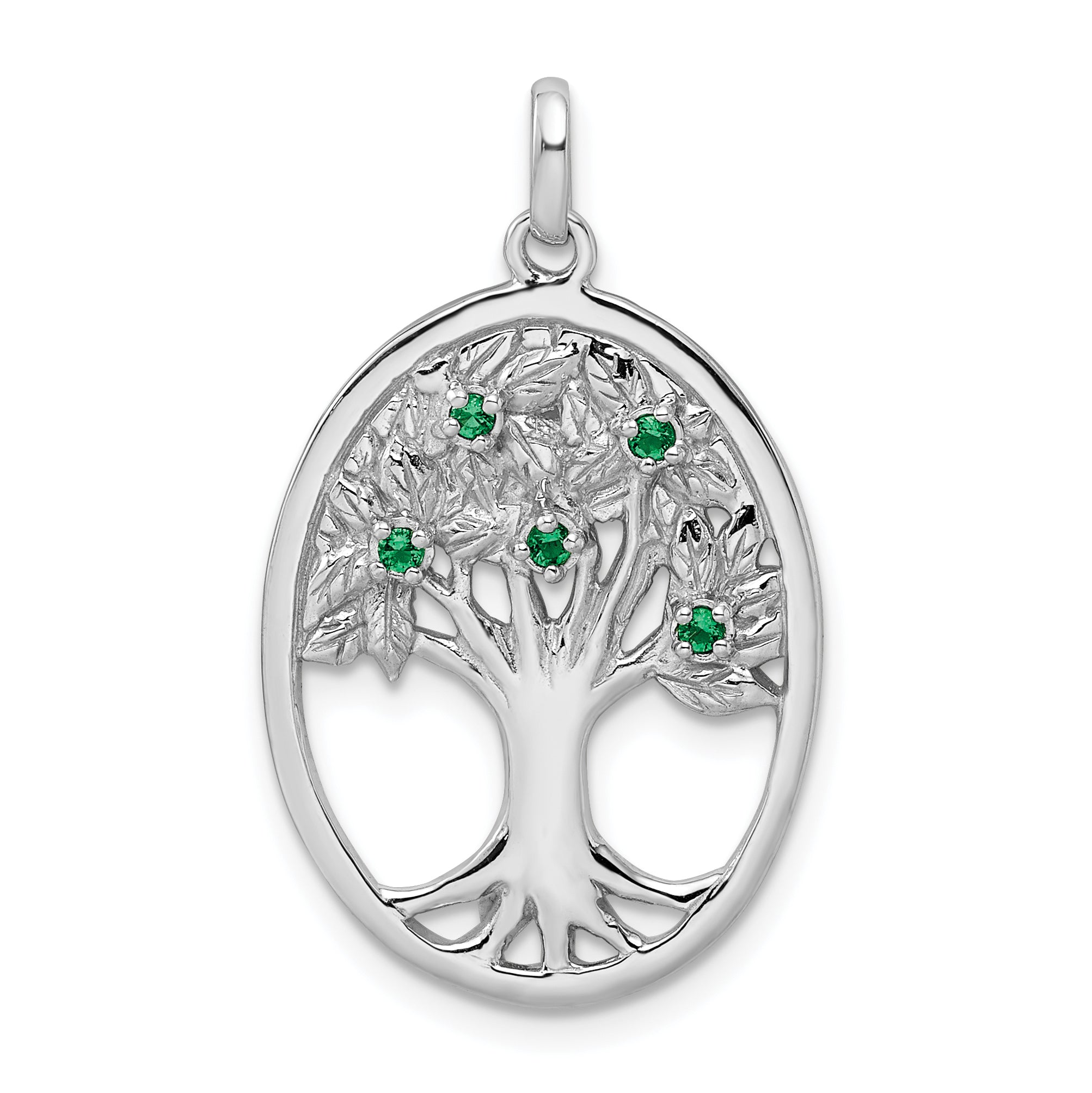 Sterling Silver Rhodium-Plated Green Glass Buds Oval Tree Pendant