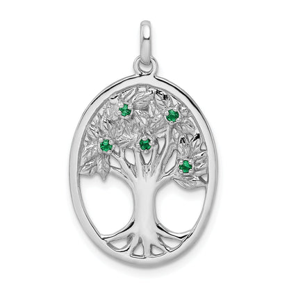 Sterling Silver Rhodium-Plated Green Glass Buds Oval Tree Pendant