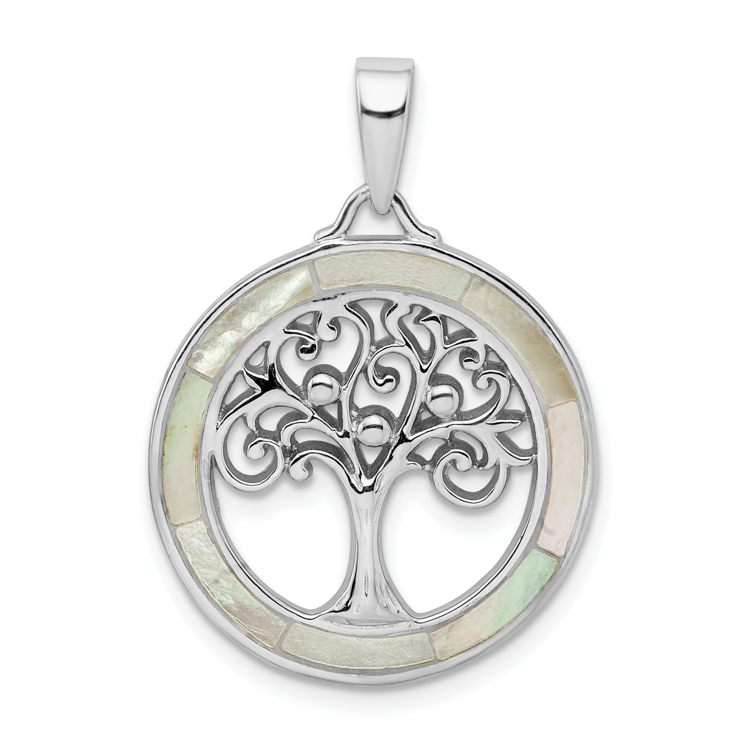 Sterling Silver Rhodium-Plated White Mop Tree Of Life Pendant