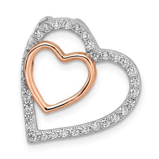 Sterling Silver Rhodium And Rose-Tone W/Cz Heart Chain Slide