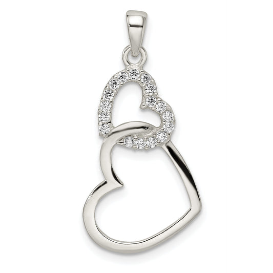 Sterling Silver Polished Cz Double Heart Pendant