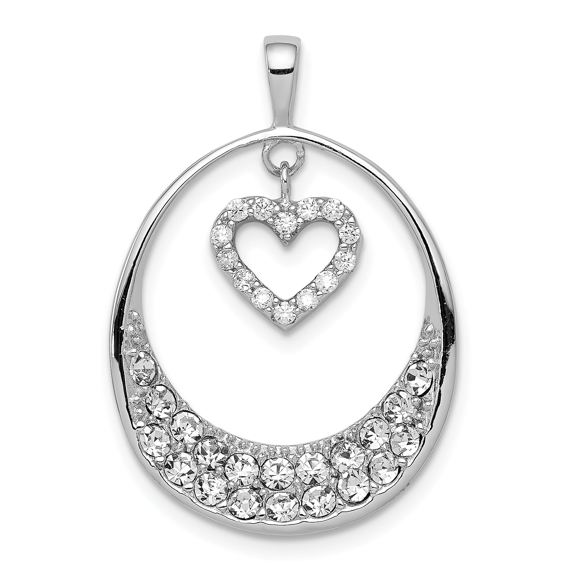 Sterling Silver Rhodium-Plated Cz Oval W/Dangle Heart Pendant
