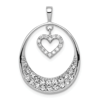 Sterling Silver Rhodium-Plated Cz Oval W/Dangle Heart Pendant