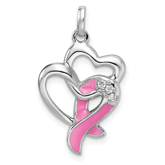 Sterling Silver Rhodium-Plated Enamel Cz Ribbon Heart Pendant