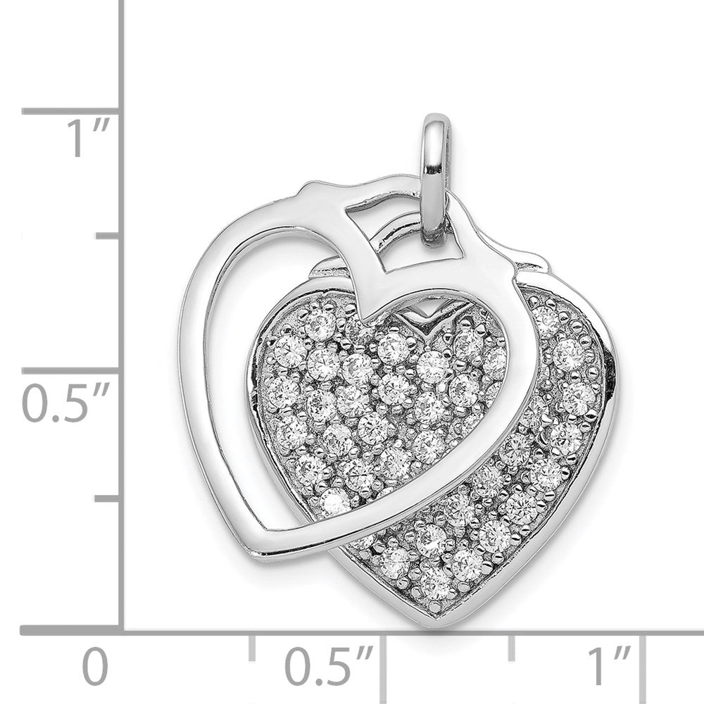 Sterling Silver Rhodium-Plated Cz Two Piece Heart Pendant