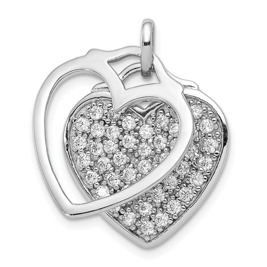 Sterling Silver Rhodium-Plated Cz Two Piece Heart Pendant