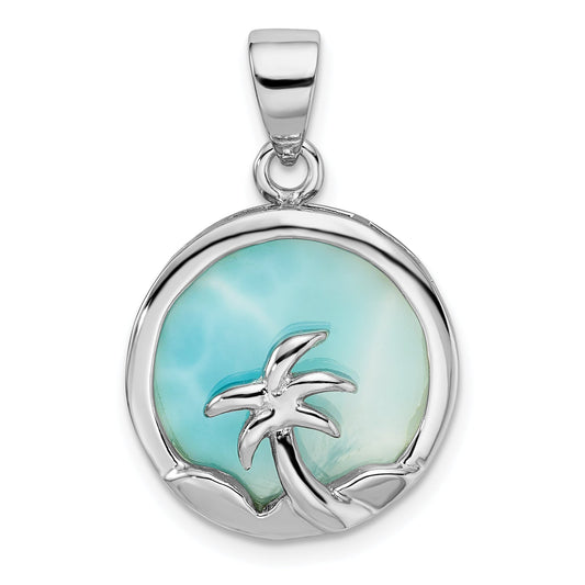 Sterling Silver Rhodium-Plated Larimar With Palm Tree Pendant