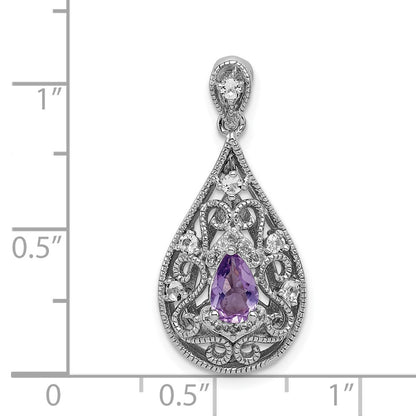 Sterling Silver Rhodium-plated Amethyst & White Topaz Teardrop Pendant