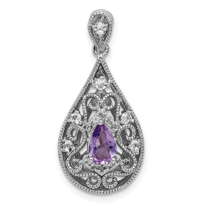 Sterling Silver Rhodium-plated Amethyst & White Topaz Teardrop Pendant