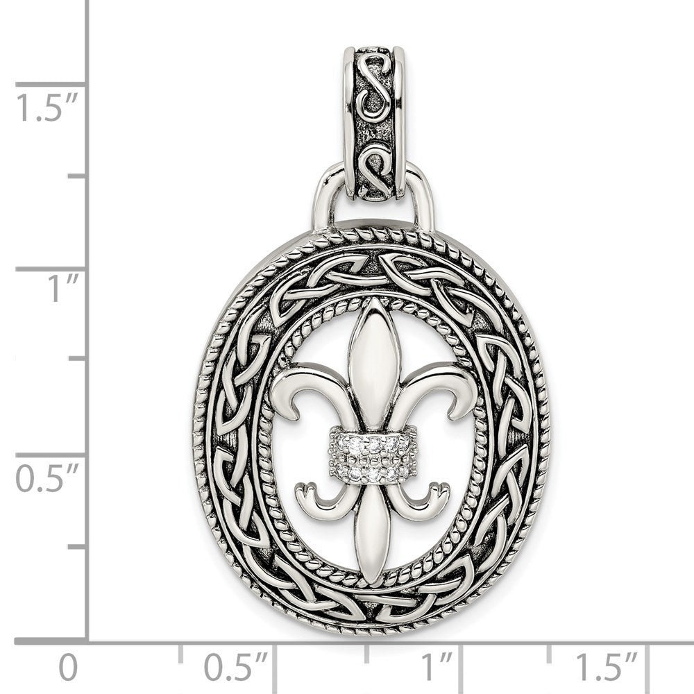 Sterling Silver Cz Antiqued Filigree Fleur De Lis Pendant