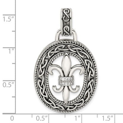 Sterling Silver Cz Antiqued Filigree Fleur De Lis Pendant