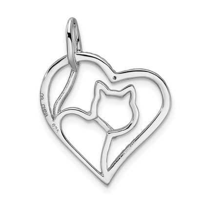 Sterling Silver Rhodium-Plated Cz Heart With Cat Silhouette Pendant