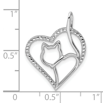Sterling Silver Rhodium-Plated Cz Heart With Cat Silhouette Pendant