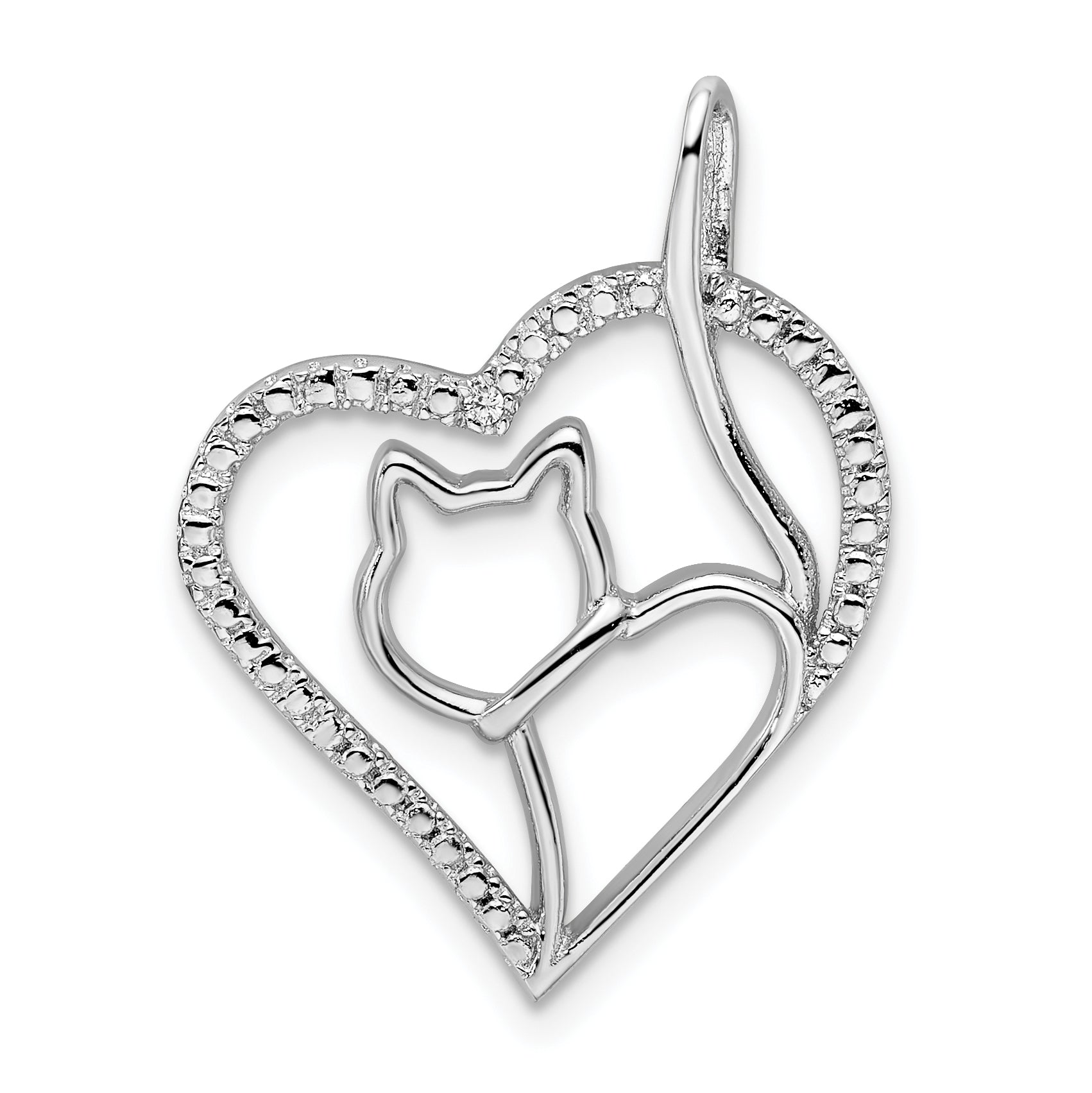 Sterling Silver Rhodium-Plated Cz Heart With Cat Silhouette Pendant