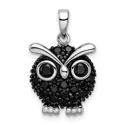 Sterling Silver Rhodium-Plated Polished Black Rhodium Cz Owl Pendant