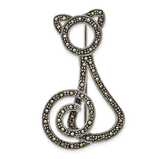 Sterling Silver Antiqued Marcasite Cat Pin