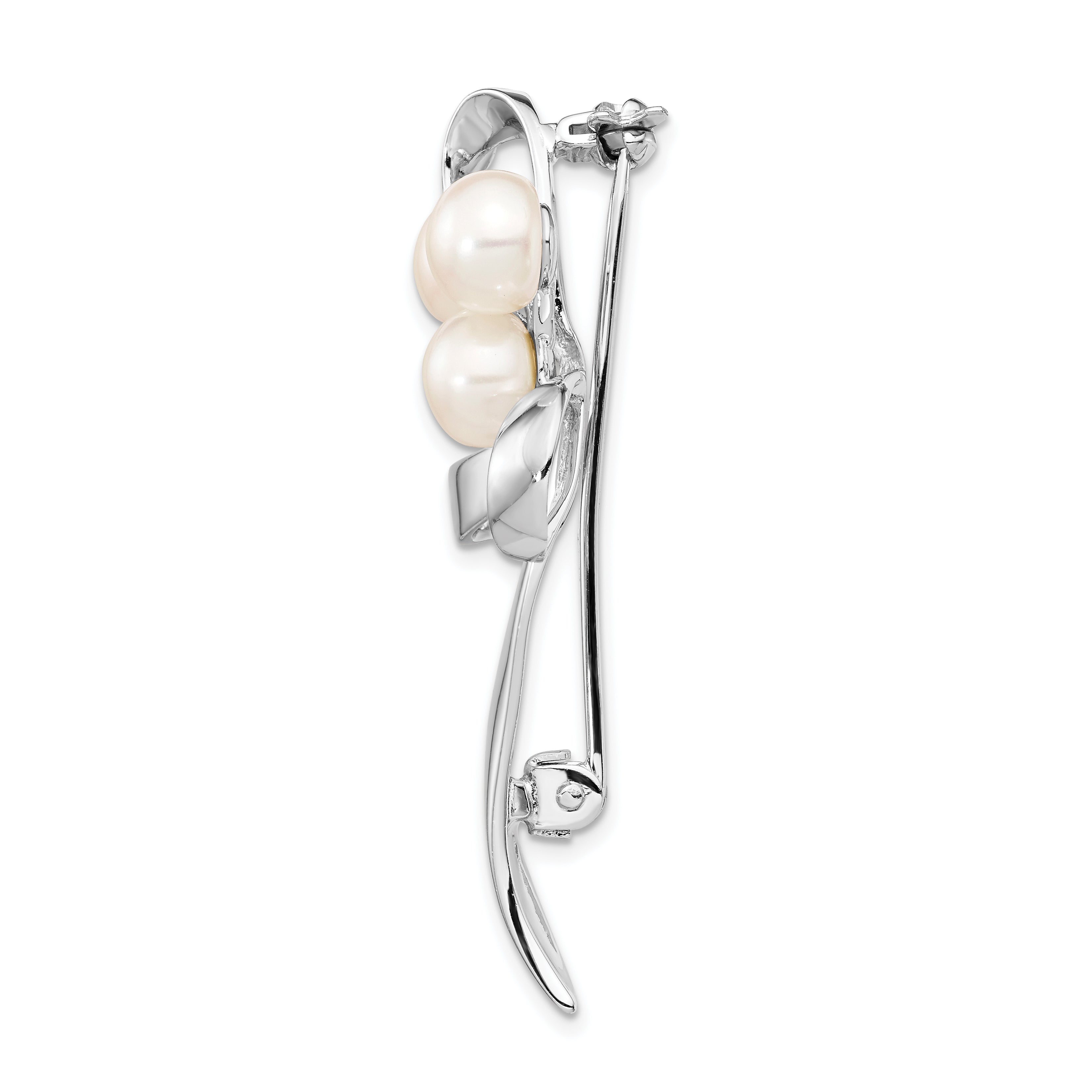 Sterling Silver Rhodium-Plated Ribbon With 7-8mm White Button Freashwater Cultured Pearls Pin Brooch
