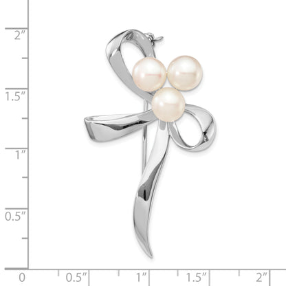 Sterling Silver Rhodium-Plated Ribbon With 7-8mm White Button Freashwater Cultured Pearls Pin Brooch