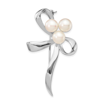 Sterling Silver Rhodium-Plated Ribbon With 7-8mm White Button Freashwater Cultured Pearls Pin Brooch