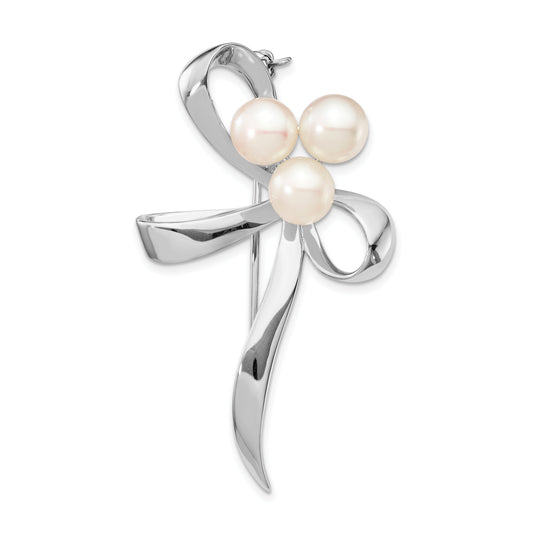 Sterling Silver Rhodium-Plated Ribbon With 7-8mm White Button Freashwater Cultured Pearls Pin Brooch