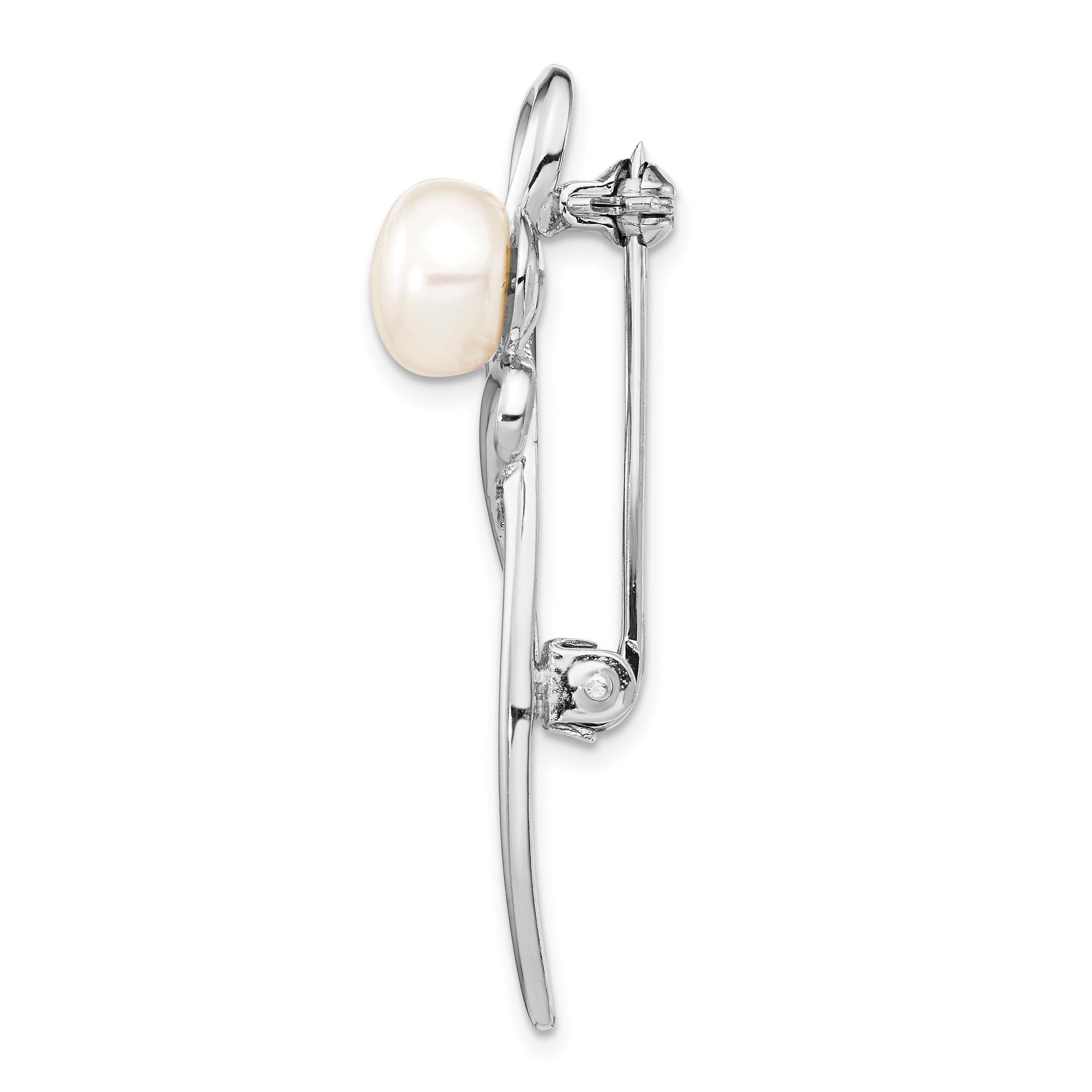 Sterling Silver Rhodium-Plated 8-9mm White Button Freshwater Cultured Pearl Pin Brooch