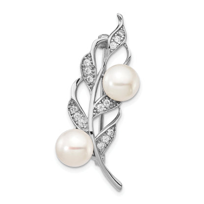 Sterling Silver Rhodium-Plated Leaf Accented With Cz And 7-8mm White Button Freshwater Cultured Pearl Pin Brooch