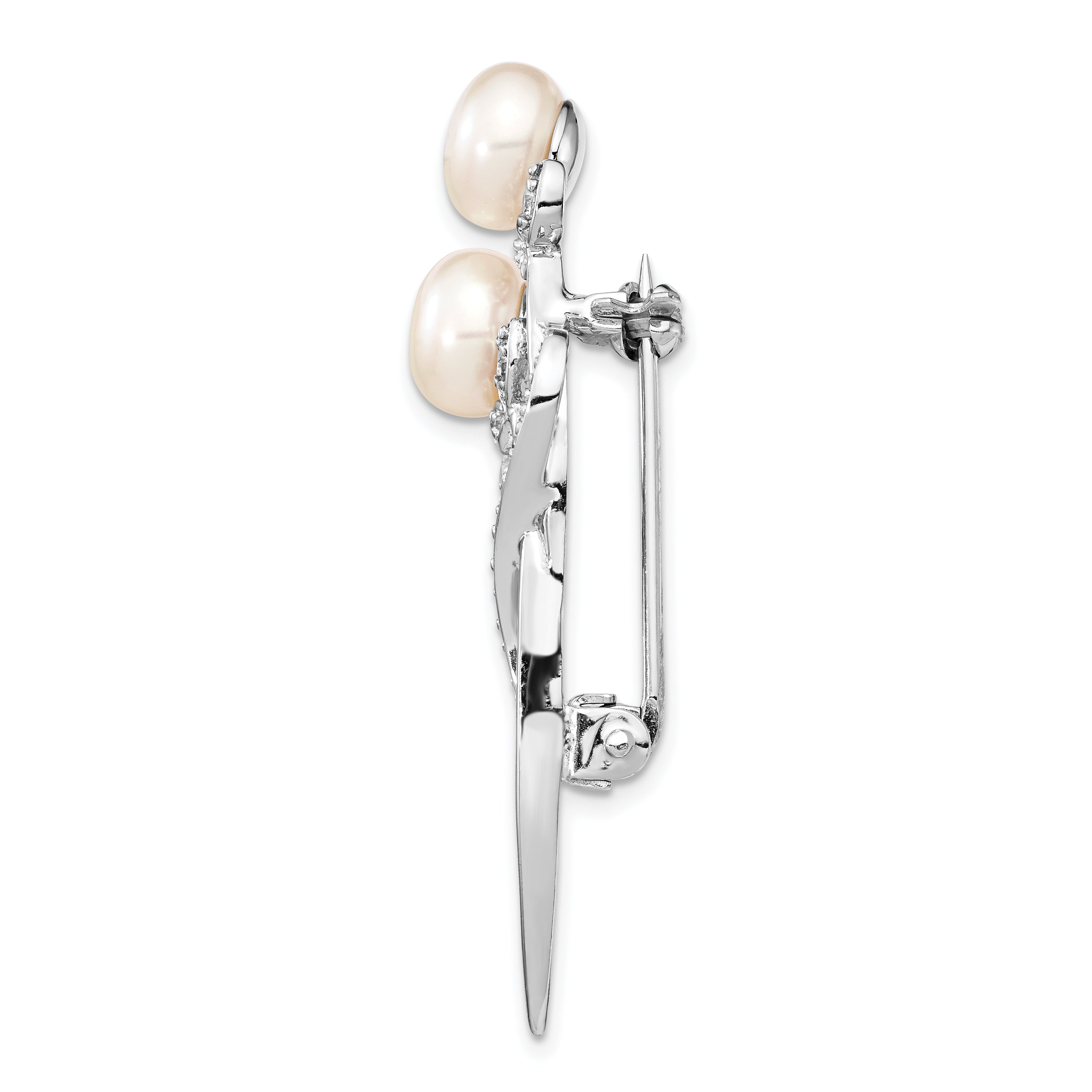 Sterling Silver Rhodium-Plated Flowers With Cz And 7-8mm White Button Freshwater Cultured Pearls Pin Brooch