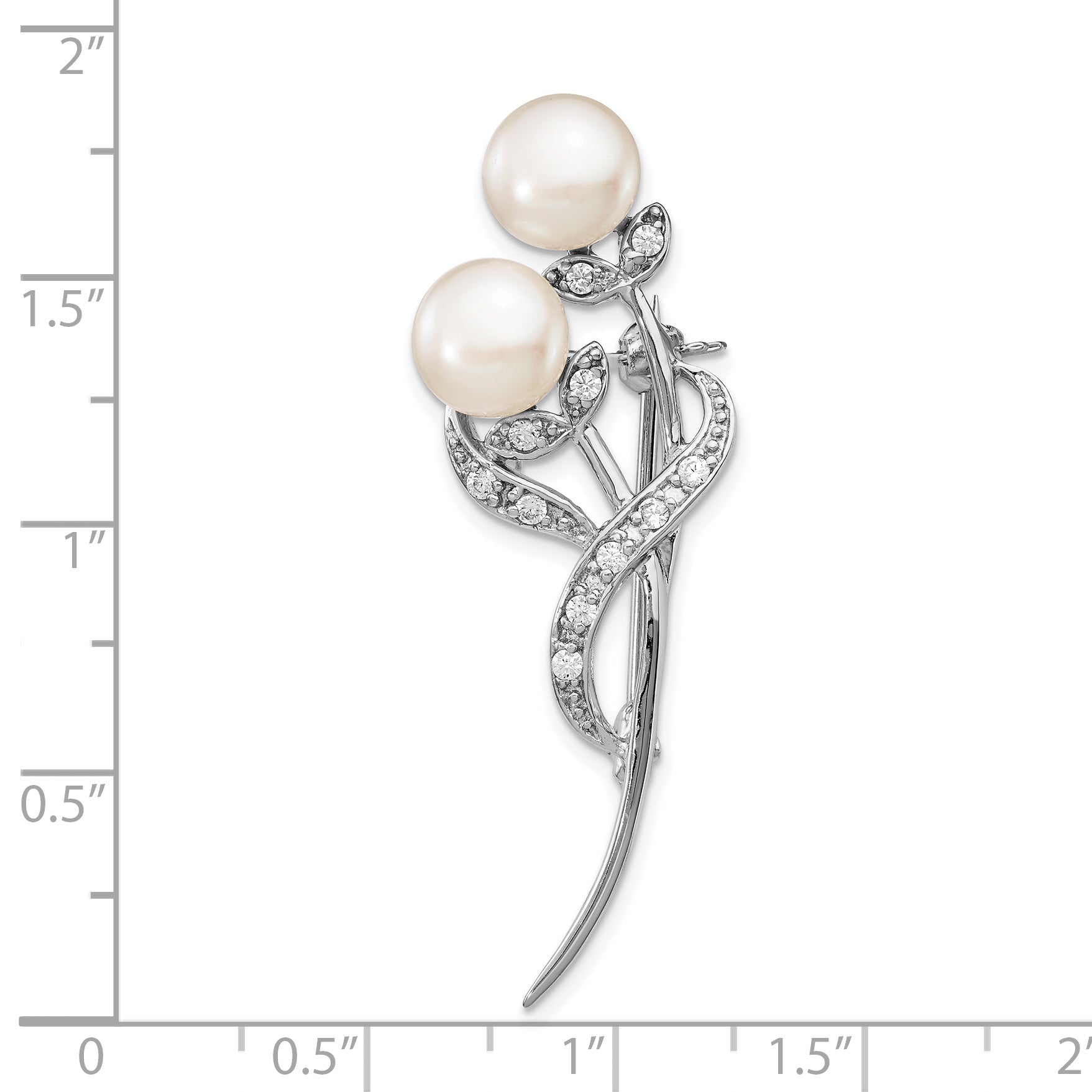 Sterling Silver Rhodium-Plated Flowers With Cz And 7-8mm White Button Freshwater Cultured Pearls Pin Brooch