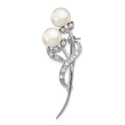 Sterling Silver Rhodium-Plated Flowers With Cz And 7-8mm White Button Freshwater Cultured Pearls Pin Brooch