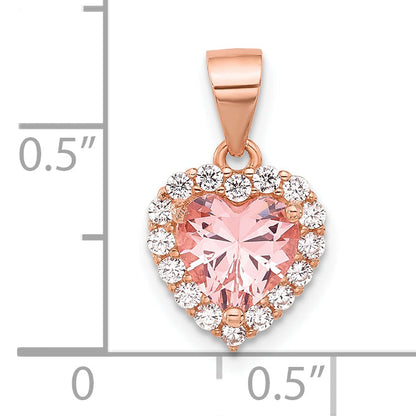 Sterling Silver Rose-Plated Pink Crystal Heart And Clear Cz Pendant