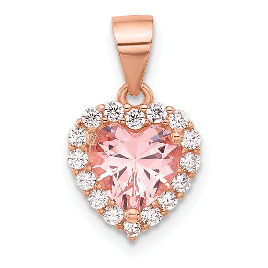 Sterling Silver Rose-Plated Pink Crystal Heart And Clear Cz Pendant