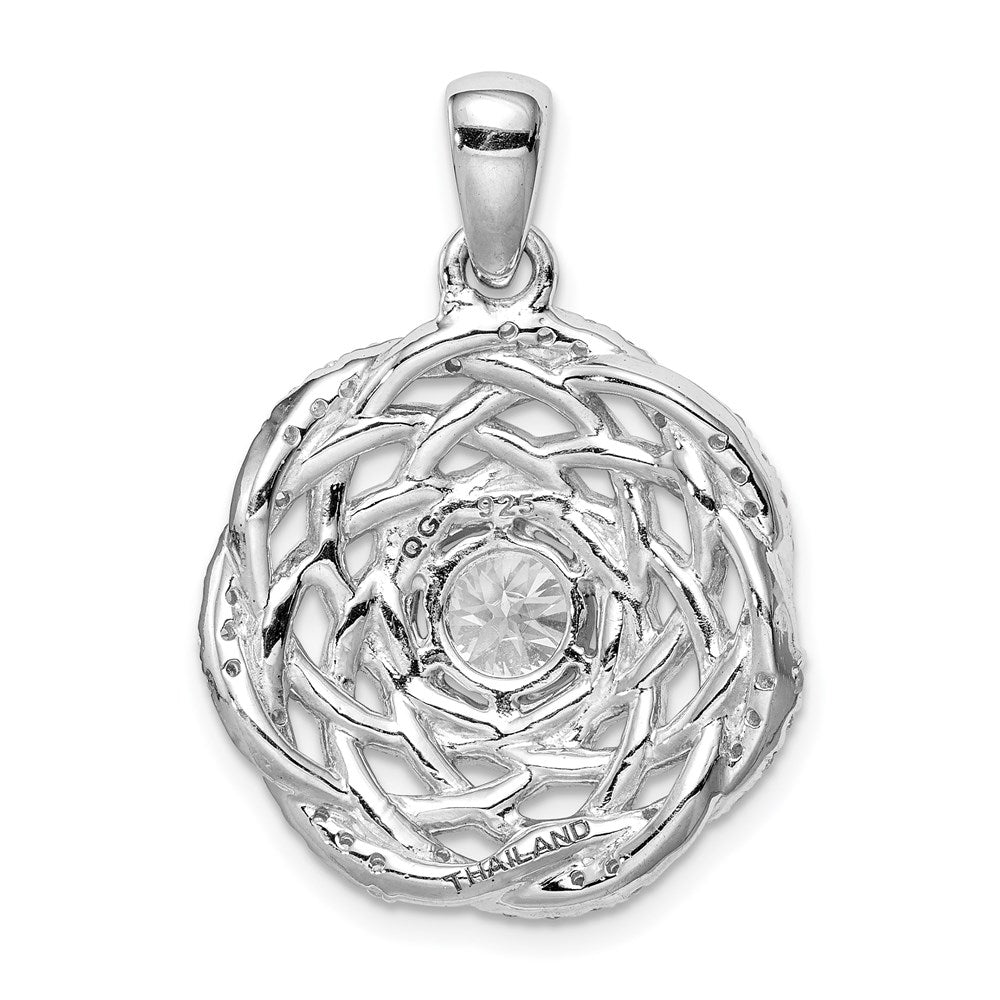 Sterling Silver Rhodium-Plated 6mm Cz Center Woven Pendant