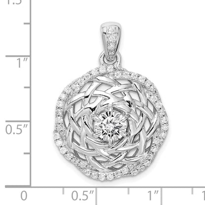 Sterling Silver Rhodium-Plated 6mm Cz Center Woven Pendant